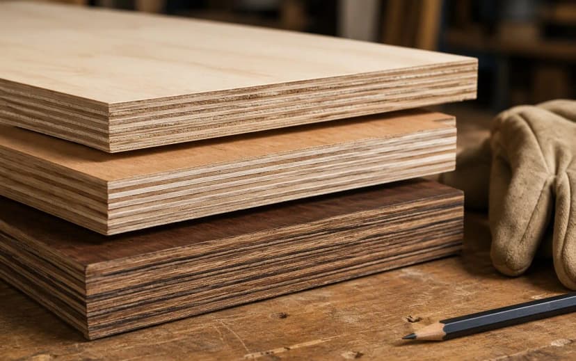Three plywood sheets of different grades stacked on a workbench, showing their layered edge cross-sections