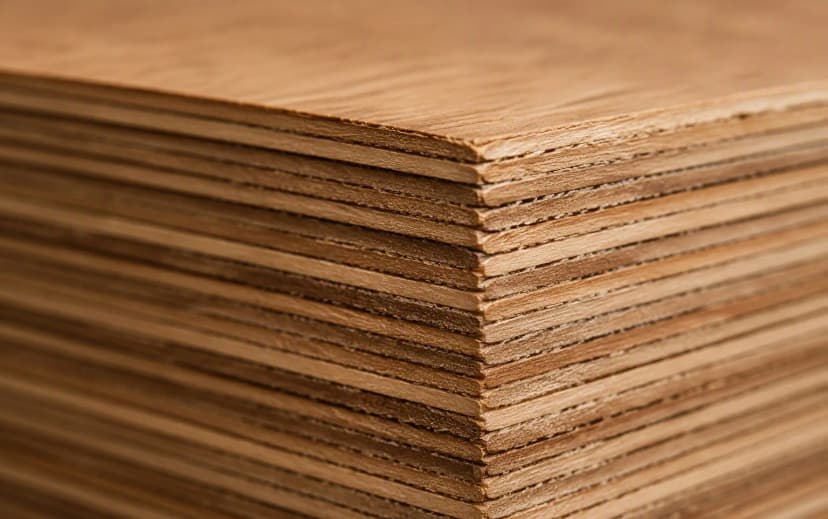 Close-up of plywood edge showing alternating thin veneer layers
