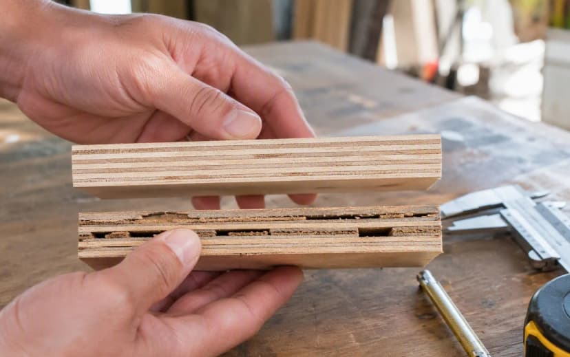 Two plywood cross-sections compared side by side — one with clean even layers, one with visible core gaps