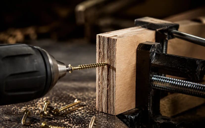 Cordless drill driving a wood screw into the edge of a plywood sample clamped to a workbench during a screw-holding test