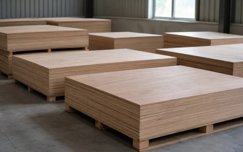 Plywood sheets stacked flat on wooden pallets in a dry, covered godown in Bangalore — what proper dealer storage looks like