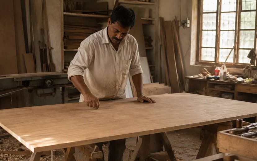 Carpenter tapping the surface of a plywood sheet on sawhorses in a workshop, listening for hollow spots