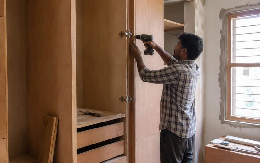 Indian carpenter driving a hinge screw into a plywood wardrobe carcass with a cordless drill during installation