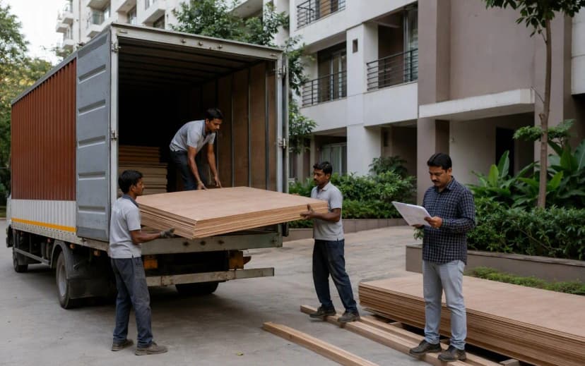 Workers unloading plywood sheets from a truck onto wooden battens at a Bangalore apartment site while a supervisor checks documents