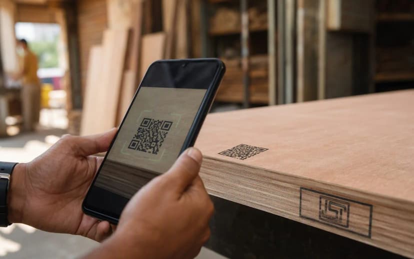 Hands holding a smartphone scanning the QR code printed on the face of a plywood sheet at a dealer shop, with an ISI mark stamped on the sheet edge