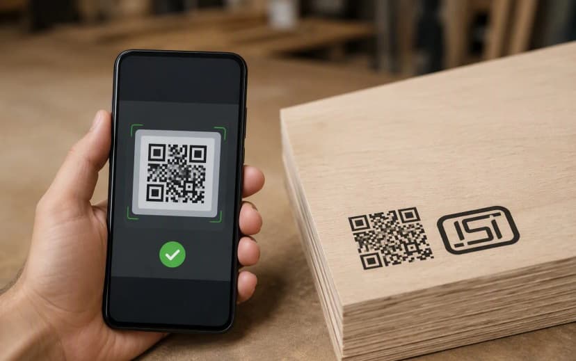 Smartphone scanning a QR code on a plywood sheet with an ISI mark visible