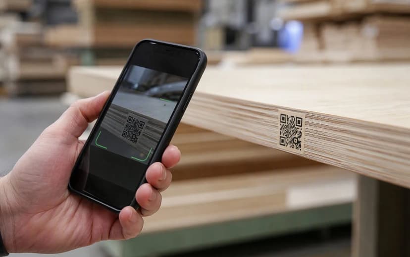 Hand scanning the QR code printed on a plywood sheet edge with a smartphone at a timber shop
