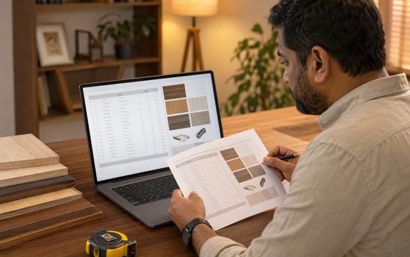 Indian homeowner reviewing an itemised interior material BOQ with plywood samples and a laptop at home