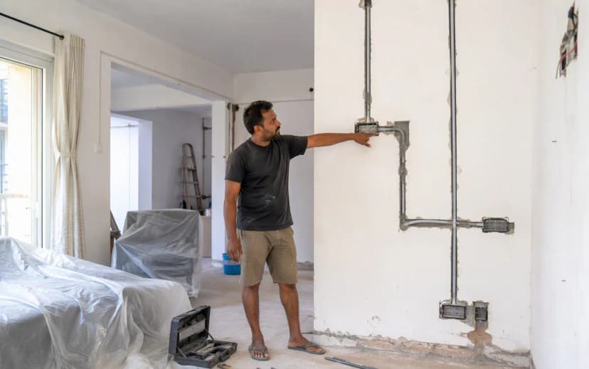 Contractor pointing at fresh concealed electrical conduit wiring on a wall inside an Indian home under renovation, furniture protected with dust sheets