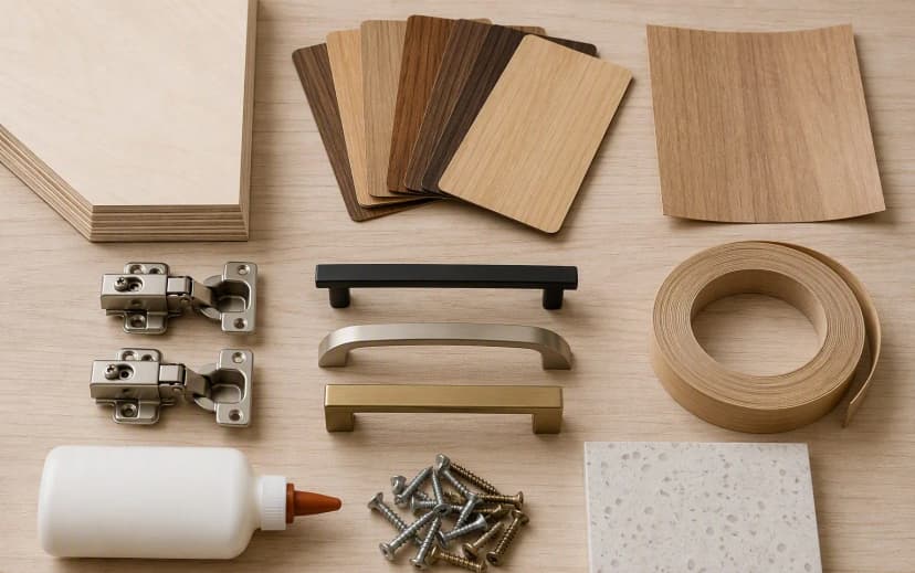 Flat lay of essential home renovation materials — plywood sample, laminate chips, veneer sheet, soft-close hinges, handles, edge banding roll, adhesive and quartz sample