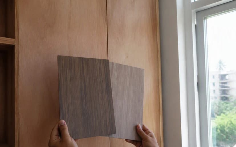 Homeowner holding laminate samples against a plywood wardrobe panel in natural daylight to check colour match