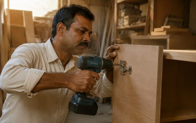 Carpenter driving a screw into a plywood panel to fit a soft-close hinge in an Indian workshop