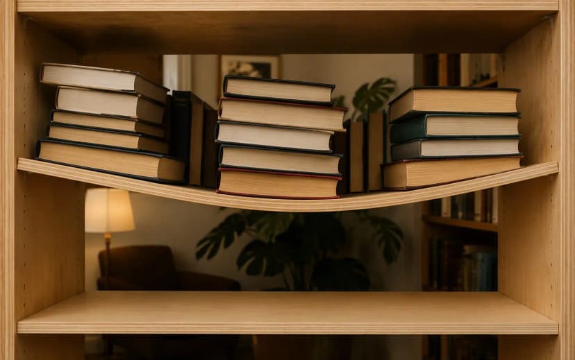 A long thin plywood bookshelf shelf visibly bowing downward in the middle under heavy books while a thicker shelf below stays flat
