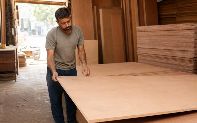 A buyer lifting and inspecting the edge of a plywood sheet inside a timber shop in India