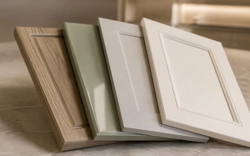 Flat lay of kitchen shutter finish samples including matte sage laminate, walnut woodgrain, high-gloss white acrylic, navy laminate and a profiled membrane shutter