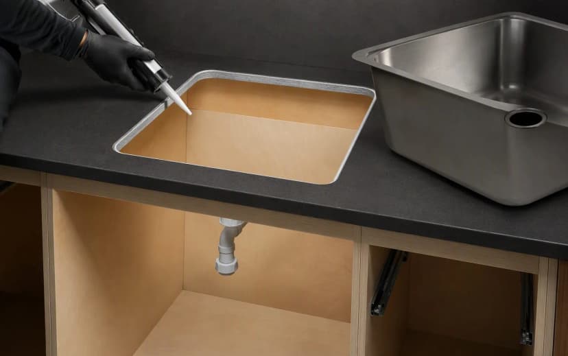 Worker sealing a kitchen sink cutout with a silicone caulking gun, stainless steel undermount sink beside the cabinet