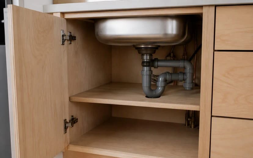 Open kitchen sink base cabinet built in plywood showing sturdy shelf, hinge hardware and plumbing pipes