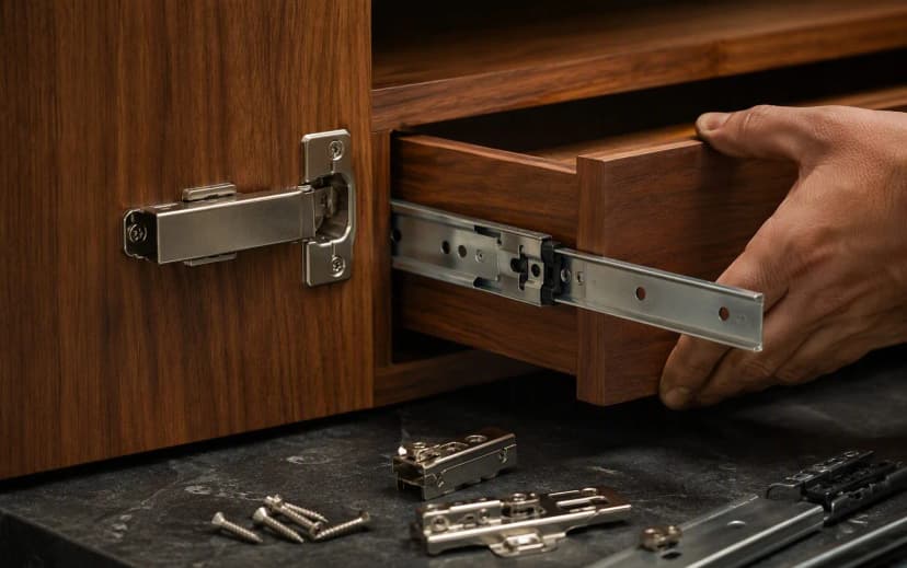 Close-up of a soft-close concealed cabinet hinge and stainless steel ball-bearing drawer channel being fitted on a laminate shutter