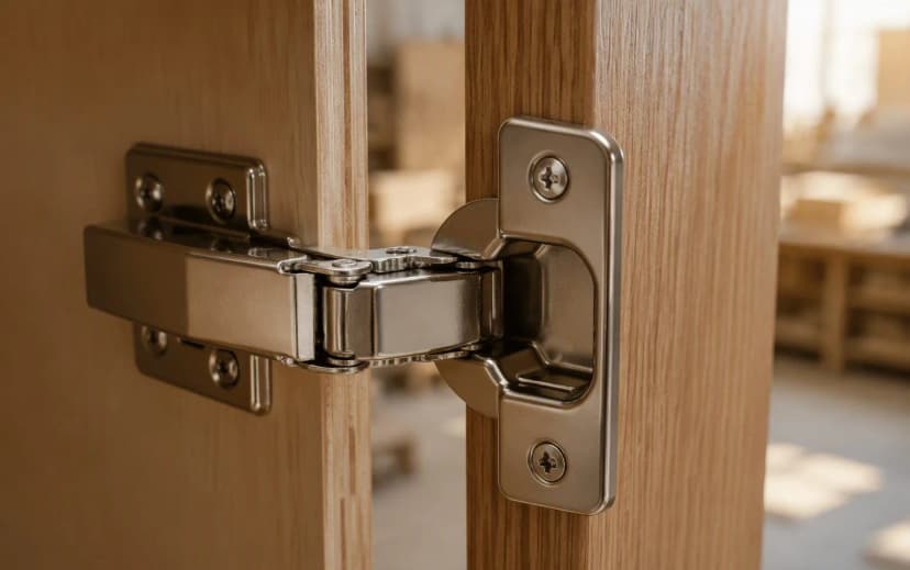 Macro close-up of a quality soft-close cabinet hinge mounted on a plywood shutter edge
