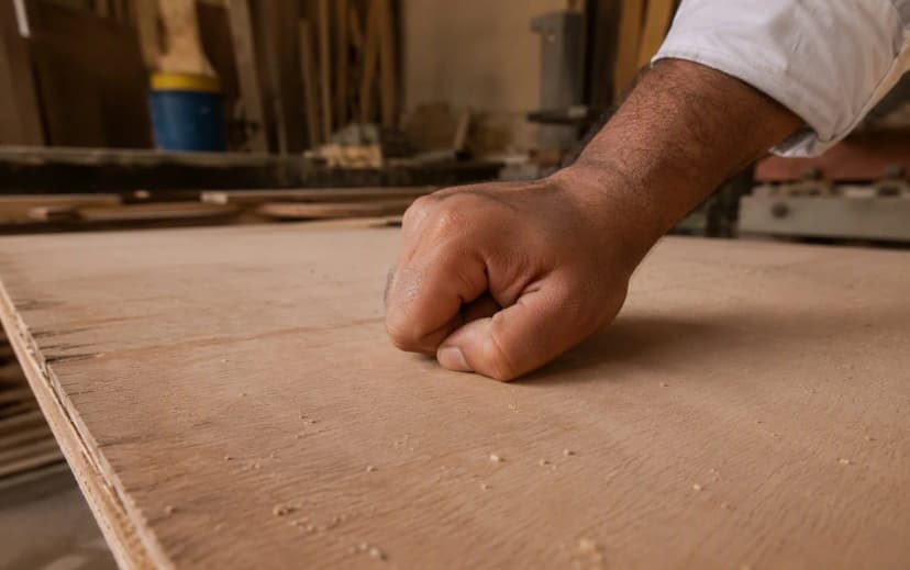 Carpenter's knuckles tapping the surface of a plywood sheet in a workshop to check for hollow sounds and internal voids