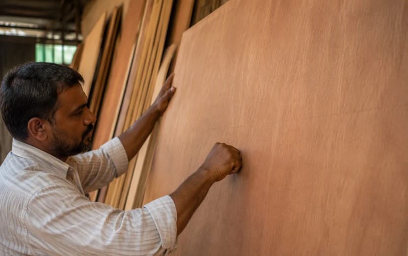 A buyer tapping the surface of an upright plywood sheet with his knuckles at a timber shop, listening for hollow sounds
