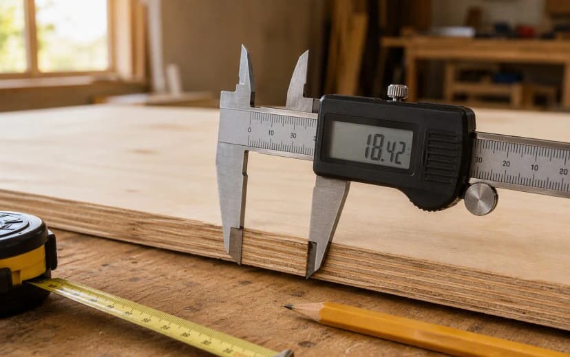 A buyer checking plywood thickness with a digital caliper at a Bangalore plywood dealer to avoid the trade-size trap