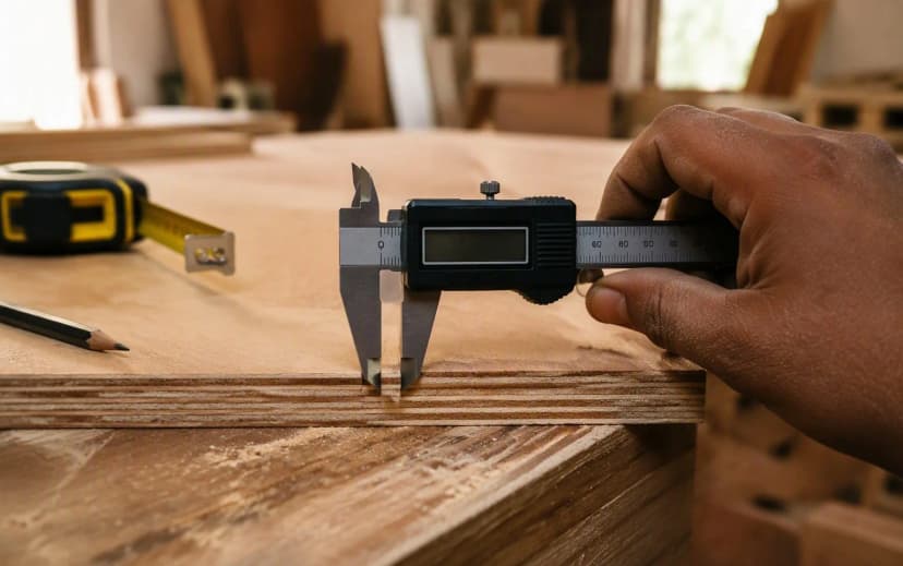 Caliper measuring plywood sheet thickness in a Bangalore carpentry workshop