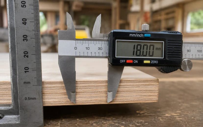 Measuring plywood sheet thickness with a steel scale and caliper