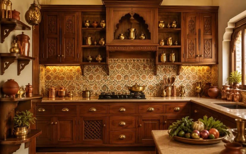 A traditional Indian kitchen with carved teak cabinets, brass hardware, patterned tile backsplash and copper utensils on open shelves