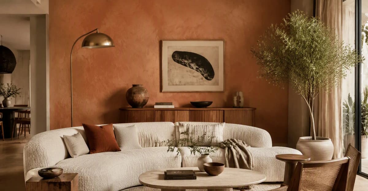 A warm modern-style living room with a terracotta limewash wall, boucle sofa and brass lamp