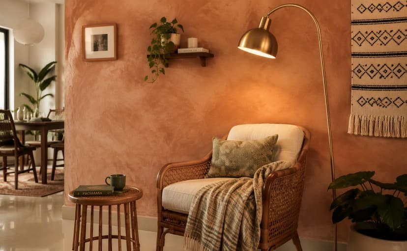 A reading corner with a clay limewash wall, cane armchair and brass lamp