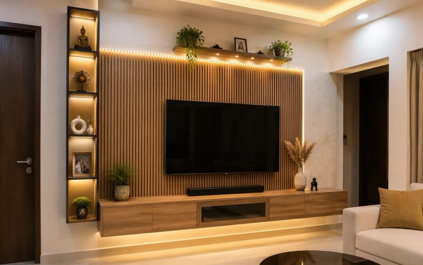Living room TV wall with plywood paneling, floating console and display shelves