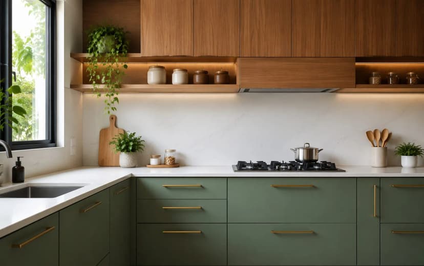 Modern Indian kitchen with sage green matte lower cabinets, warm oak upper cabinets, white quartz countertop and brass handles