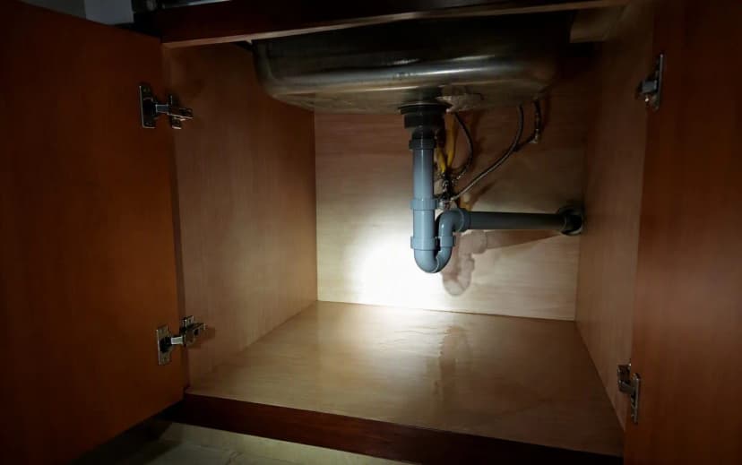 A homeowner pointing at a swollen, delaminating plywood cabinet panel under a kitchen sink