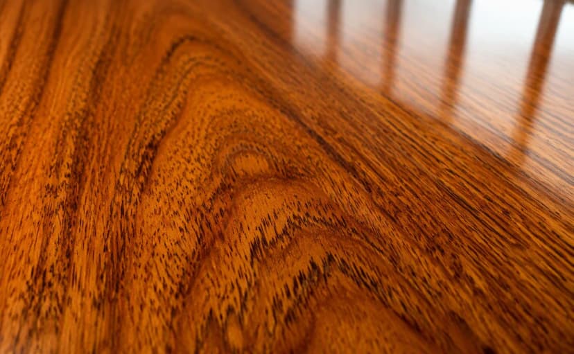 Macro close-up of polished natural teak veneer showing cathedral grain figuring