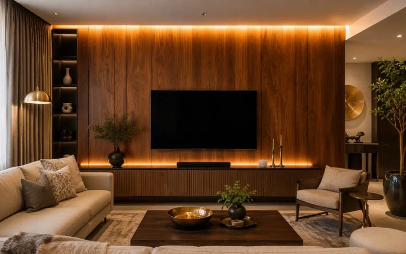 Premium living room with teak veneer TV wall panel showing rich natural grain under warm cove lighting
