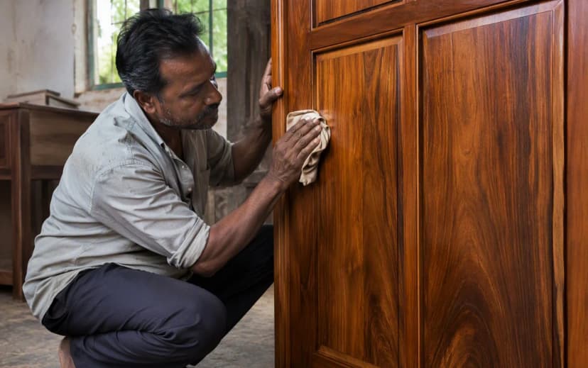 A craftsman hand-polishing a teak veneer wardrobe panel with a soft cloth in a sunlit workshop
