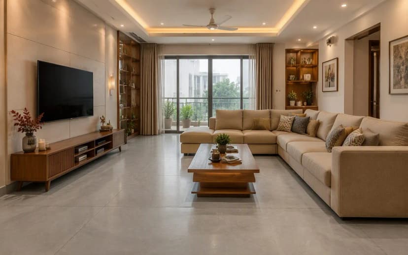 Indian living room with large format vitrified tile flooring