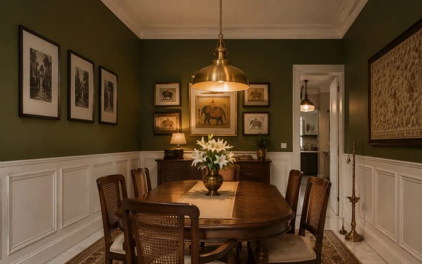 Indian dining room with white wainscoting and deep olive green walls, brass pendant light