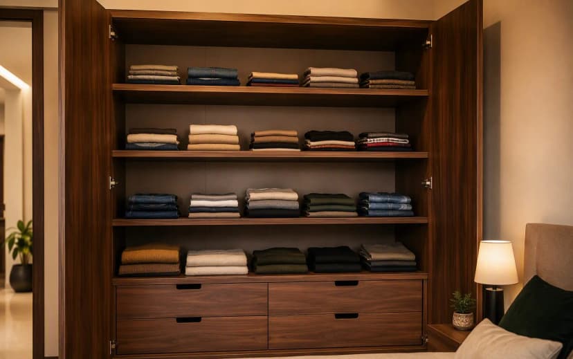 Open wardrobe interior showing thick 18mm plywood side panels and flat loaded shelves, thin back panel and drawers — correct plywood thickness by component