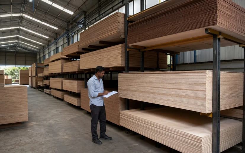 Covered ventilated plywood warehouse in Bangalore with organised racked stacks and a supervisor checking inventory with a clipboard