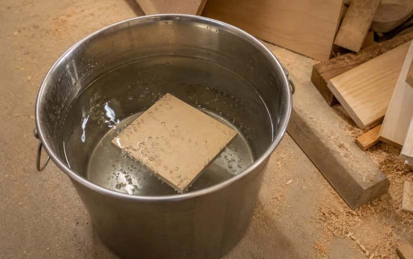 A small plywood offcut sample soaking in a steel bucket of water in a workshop for the overnight water-soak test