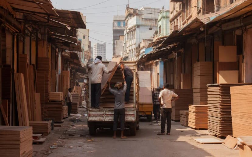 Plywood sheets being loaded onto a truck in a busy Bangalore wholesale timber market street