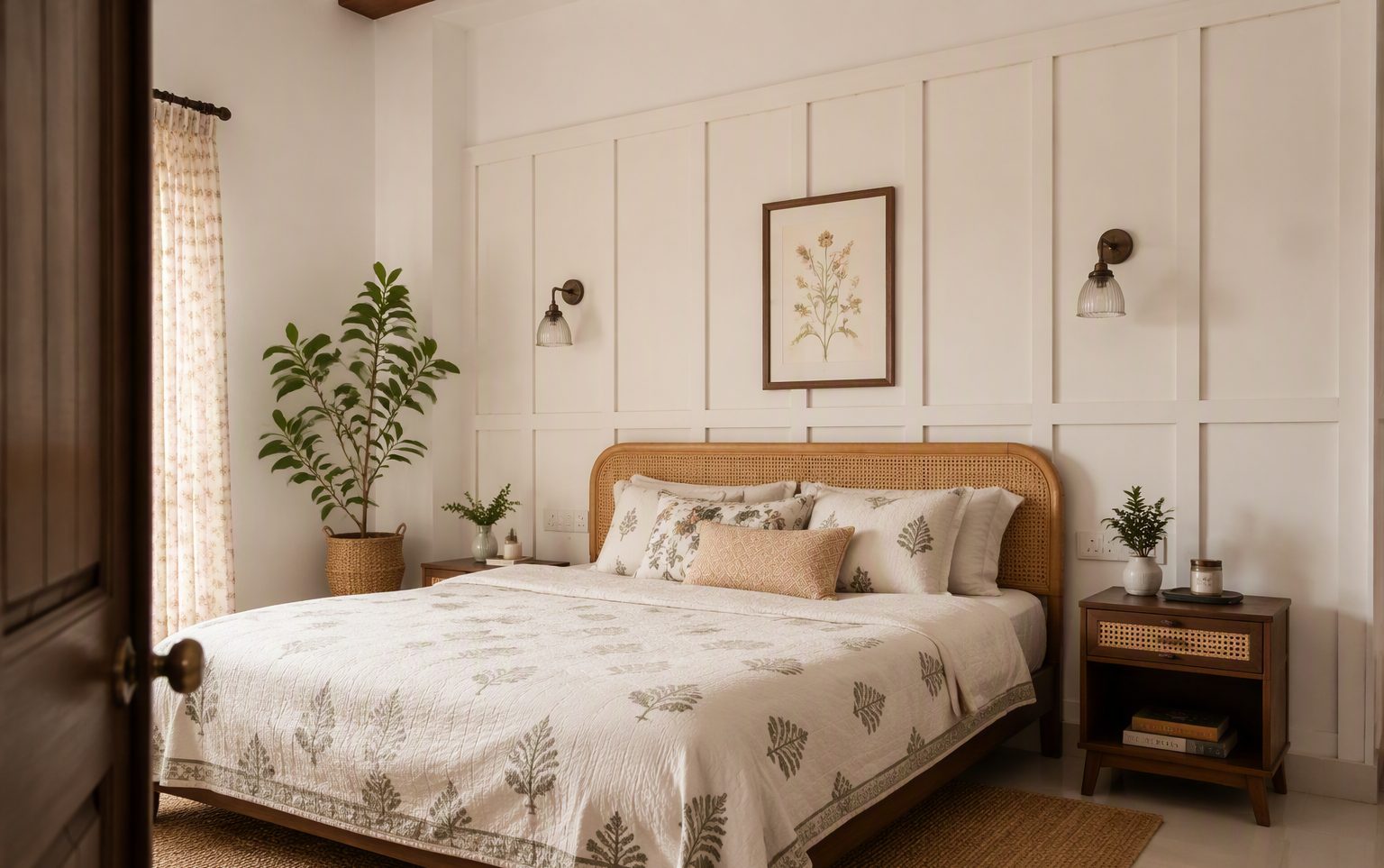 Bedroom accent wall with white board and batten panelling in a vertical grid pattern behind a rattan bed