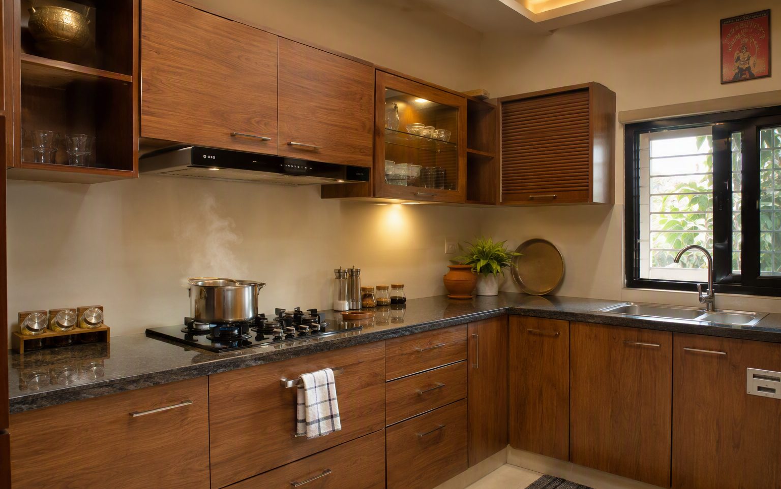 Indian modular kitchen with plywood cabinets, granite counter, hob and sink