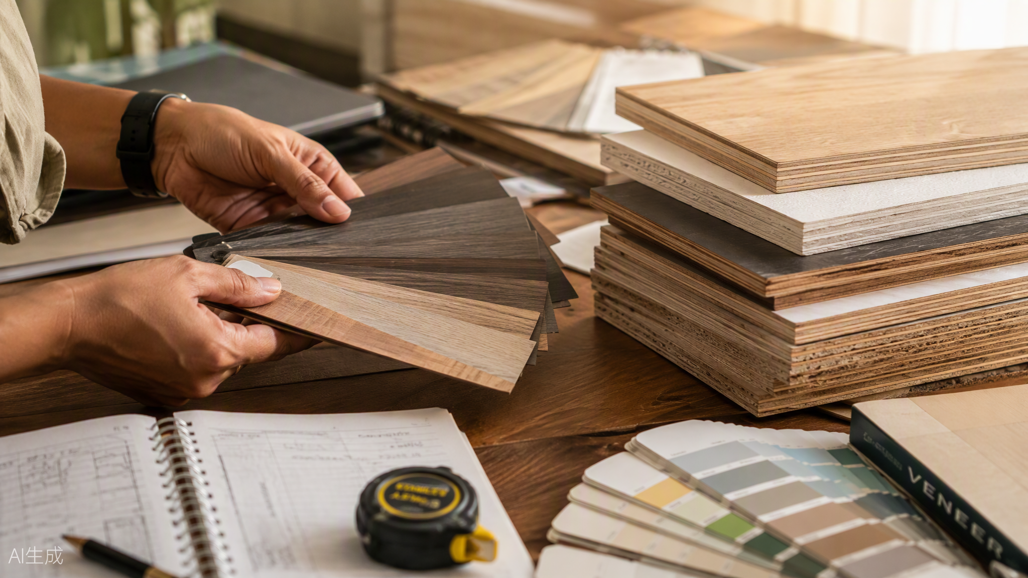 Comparing laminate, veneer and plywood samples with paint colour cards before finalising interior materials