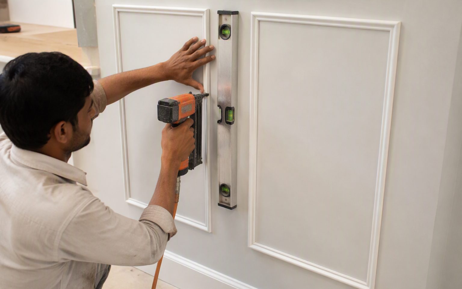 Carpenter installing picture frame wall moulding trim with a spirit level in an apartment