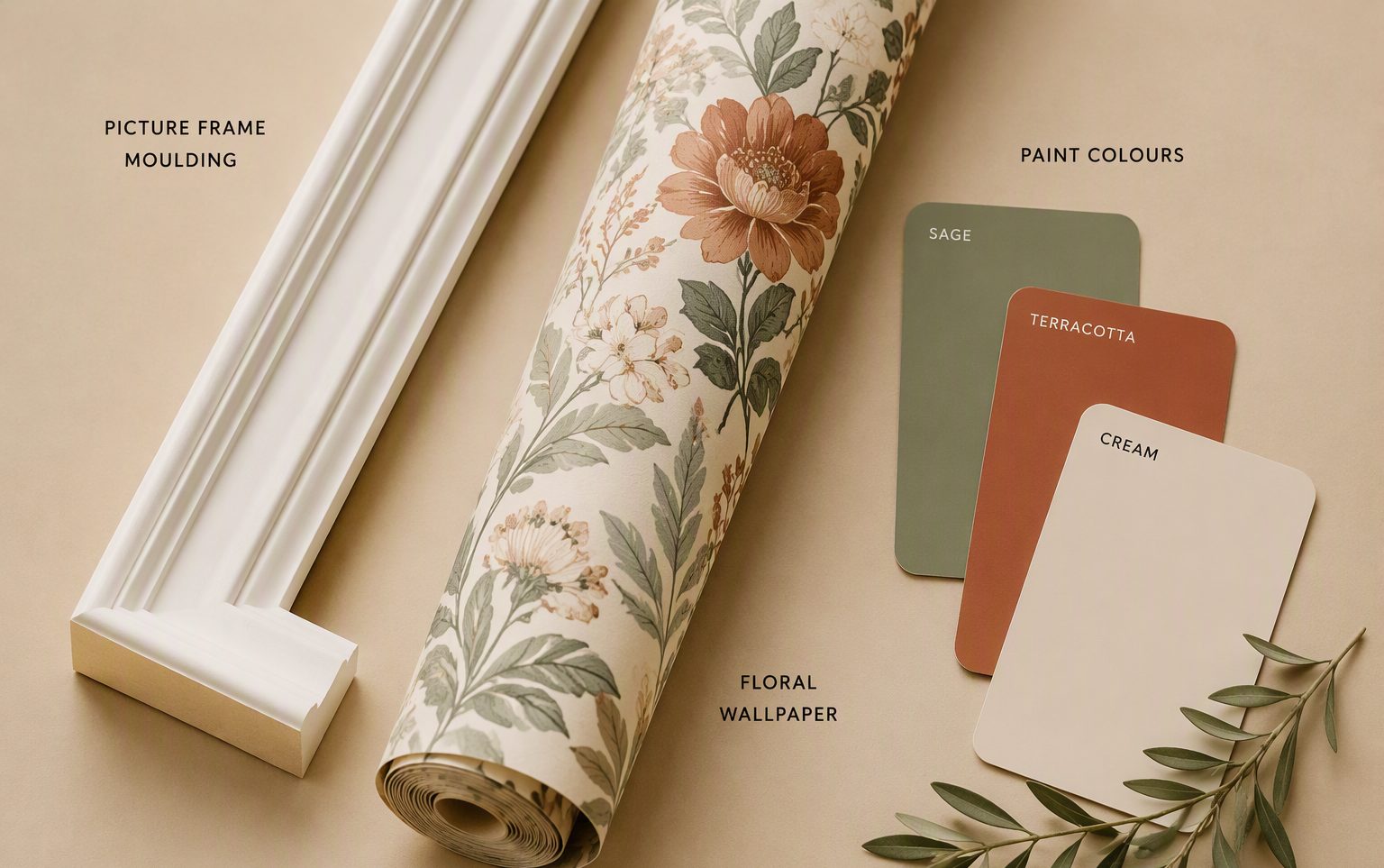 Flat lay comparing wall moulding trim, wallpaper roll and paint swatches