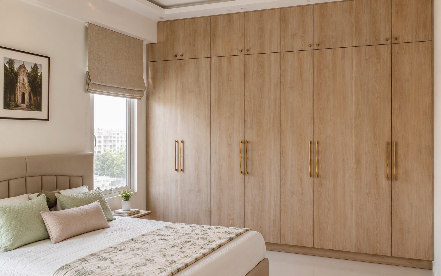 Indian bedroom with floor-to-ceiling plywood wardrobe in laminate finish