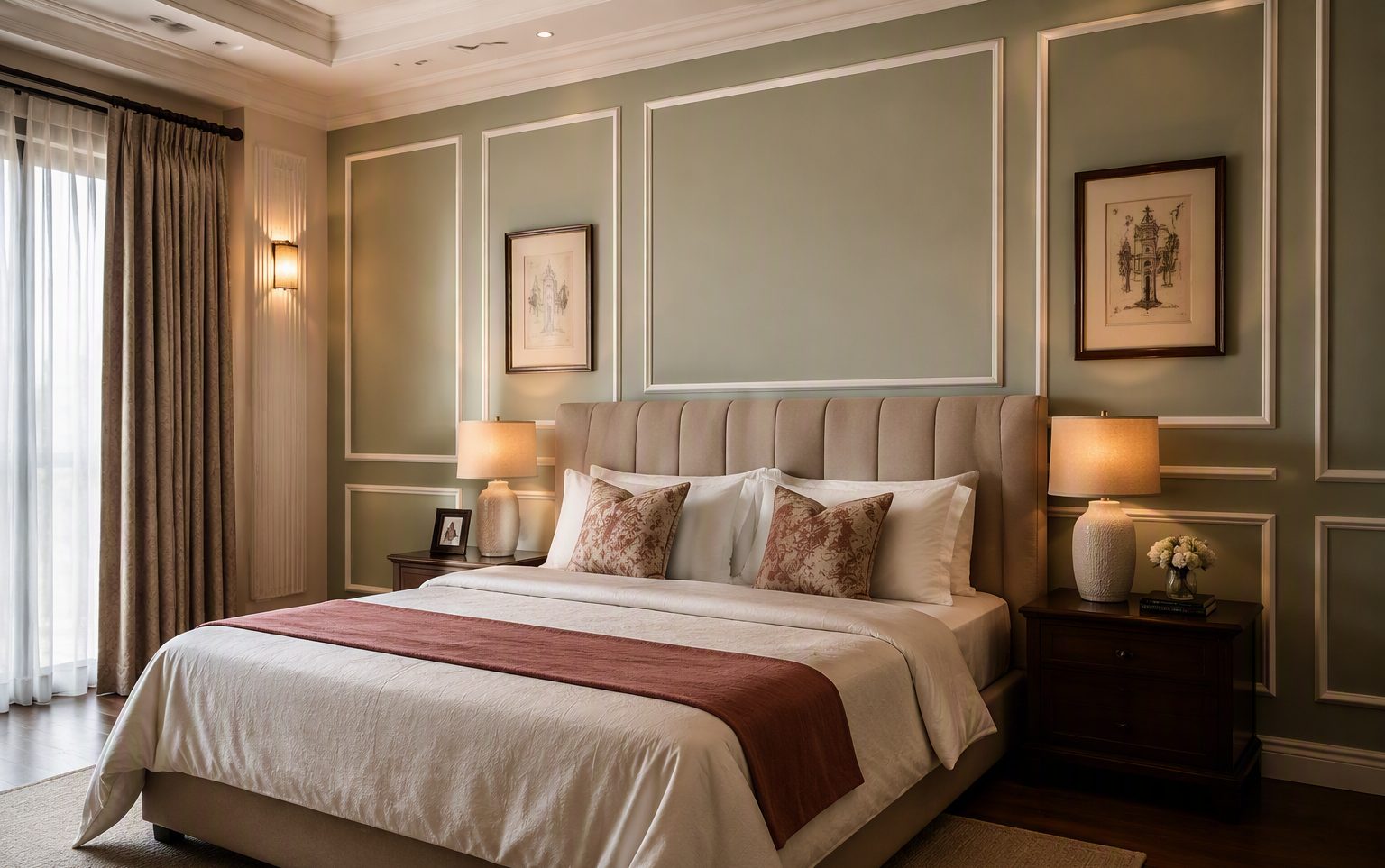 Sage green bedroom wall with white picture frame box trim moulding behind an upholstered bed